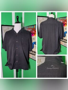 Tommy Bahama IslandZone Silk Blend Camp Shirt Mens Large Black Charcoal SS
